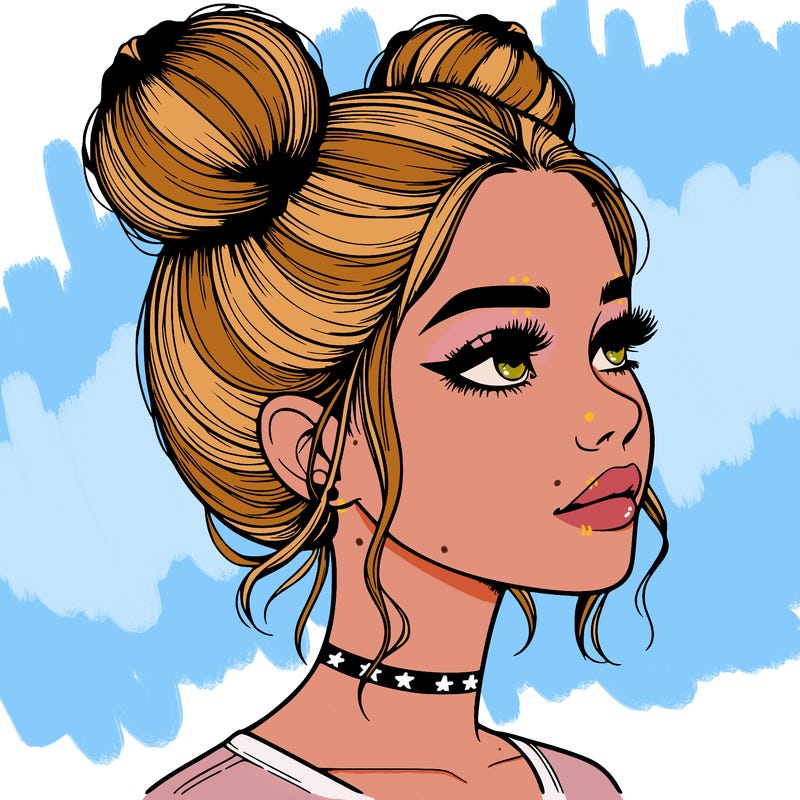 realistic girl with buns on the top of her head