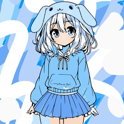 pretty anime girl wearing a fluffy hoodie with bunny ears on the hood and a skirt