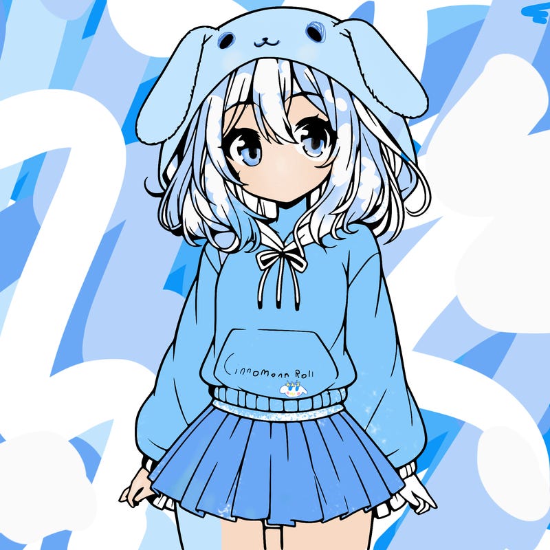 pretty anime girl wearing a fluffy hoodie with bunny ears on the hood and a skirt