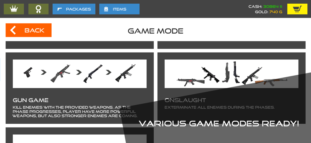 Stick Warfare Blood Strike menu showing Gun Game and Onslaught modes with weapon progression icons
