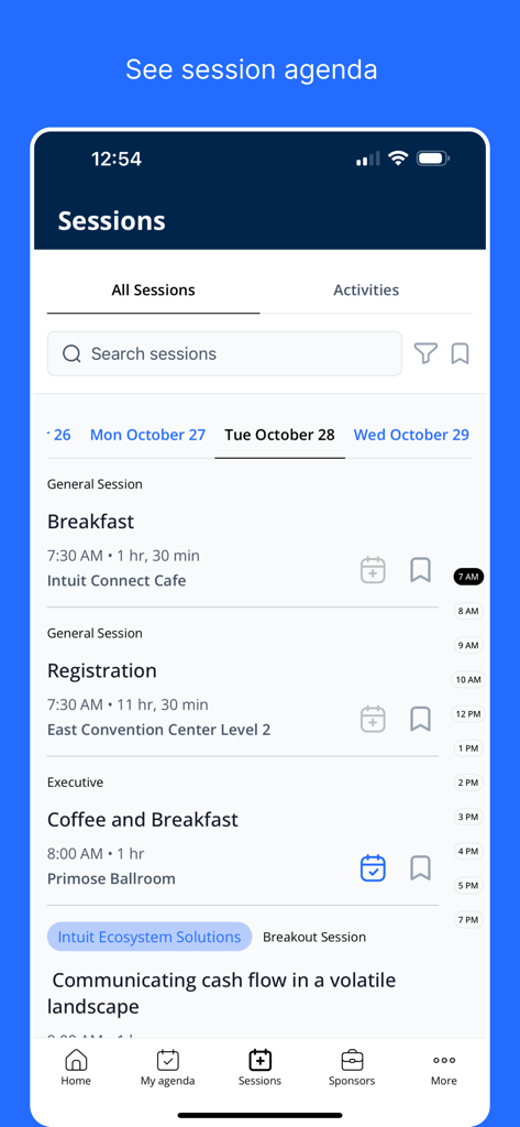 Intuit Connectカンファレンスアジェンダが表示されたモバイルアプリ画面。毎日のセッション、時間、場所のリストが含まれています。