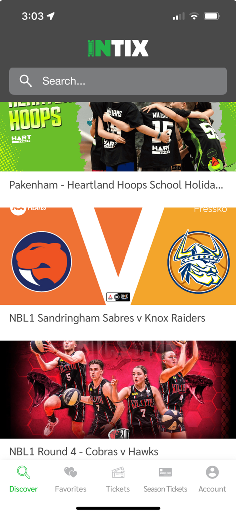 INTIX - The INTIX app Discover screen displaying a feed of trending sports events with a search bar and navigation menu.
