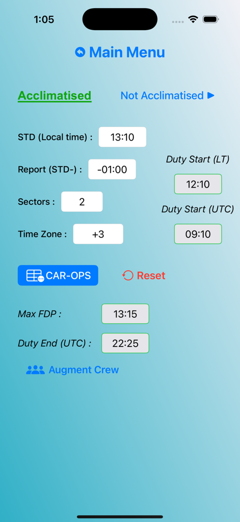 FDPme app interface for calculating flight duty periods showing fields for start time sectors and maximum FDP