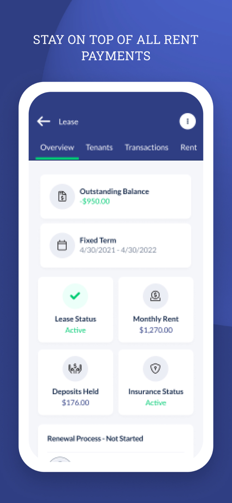 DoorLoop App-Bildschirm, der eine Übersicht über Mietverträge mit Mietzahlungen und Versicherungsstatus anzeigt
