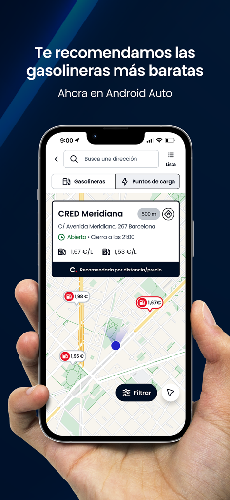 Smartphone displaying the Coches.net app map feature showing locations and prices for local gas stations.