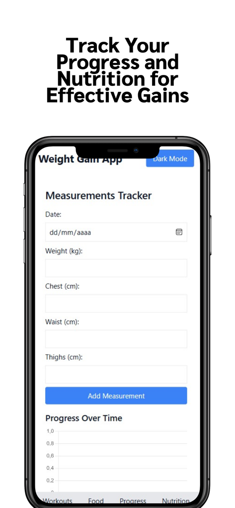 Weight Gain Workouts & Food - A body measurements tracker screen from the Weight Gain Workouts and Food app showing input fields for weight and body parts.
