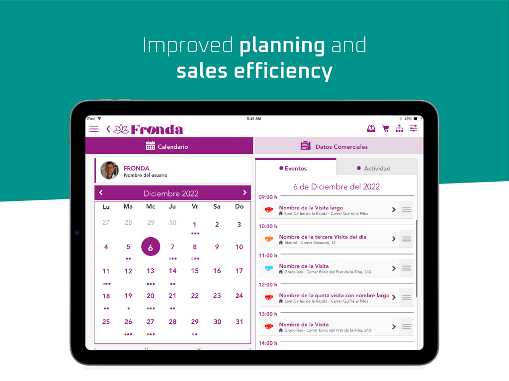 Pantalla de iPad de Catalog Player mostrando un calendario de planificación de ventas y visitas de clientes programadas para mejorar la eficiencia.