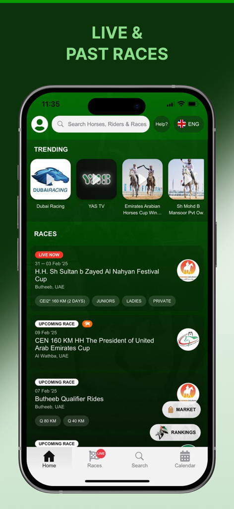 YamamahApp - ライブのエンデュランス馬術競技イベントとライダーの統計を表示するYamamahAppのモバイルホーム画面