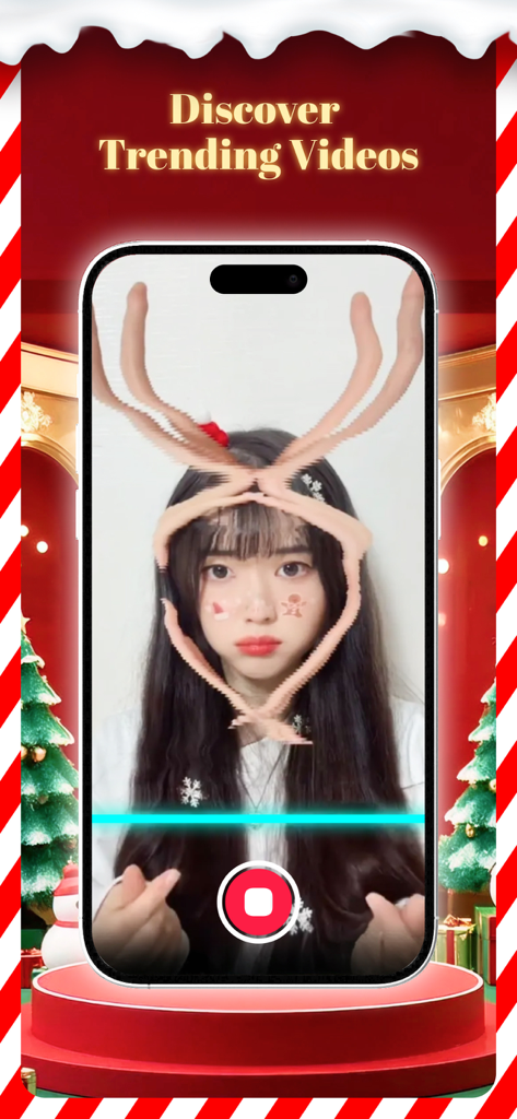 A young woman uses a Time Warp Scan filter to create a funny Christmas video with reindeer antlers.