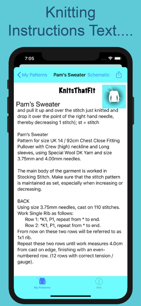 KnitsThatFit Sweaters Premium - Mobile screen displaying detailed text instructions for a custom sweater knitting pattern.