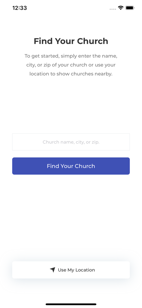 Church by MinistryOne - The find your church search screen of the Church by MinistryOne mobile app allowing users to search by name city zip code or location