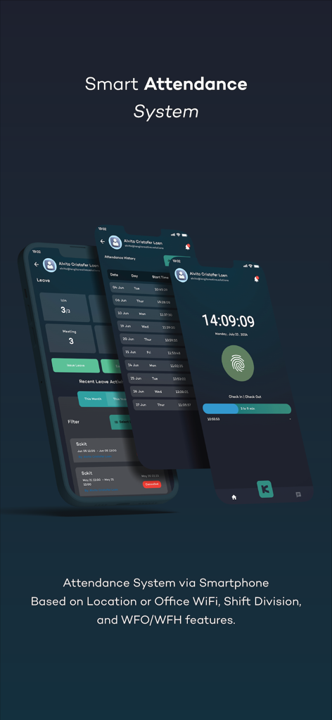 Kolabo mobile app screens displaying the smart attendance system with GPS and WiFi check in features