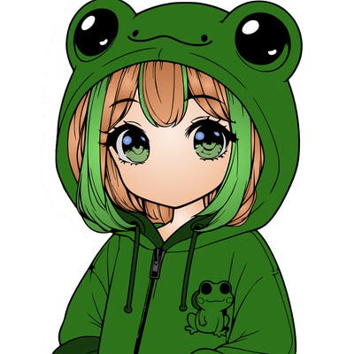 cute realistic girl in a froggy hoodie