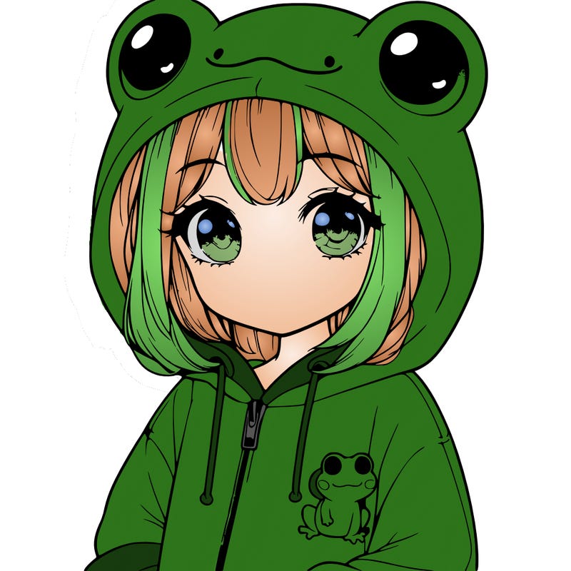 cute realistic girl in a froggy hoodie