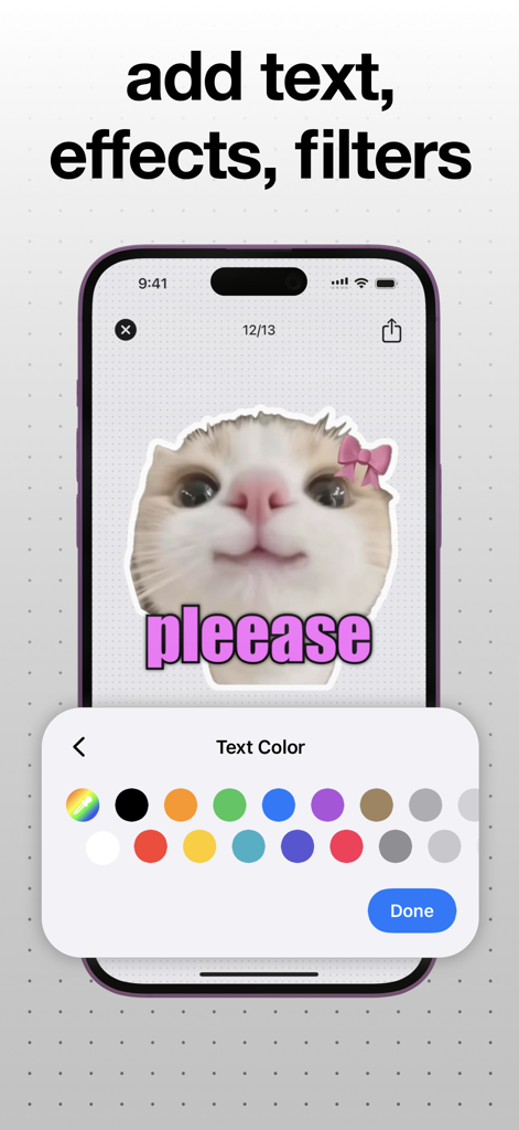 sticker maker - holos - A mobile app interface for editing stickers showing a cat sticker with custom text and a color selection menu