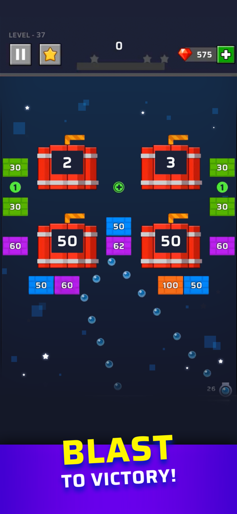 A gameplay screenshot of Brick Out showing a ball chain reaction against numbered bricks and TNT blocks