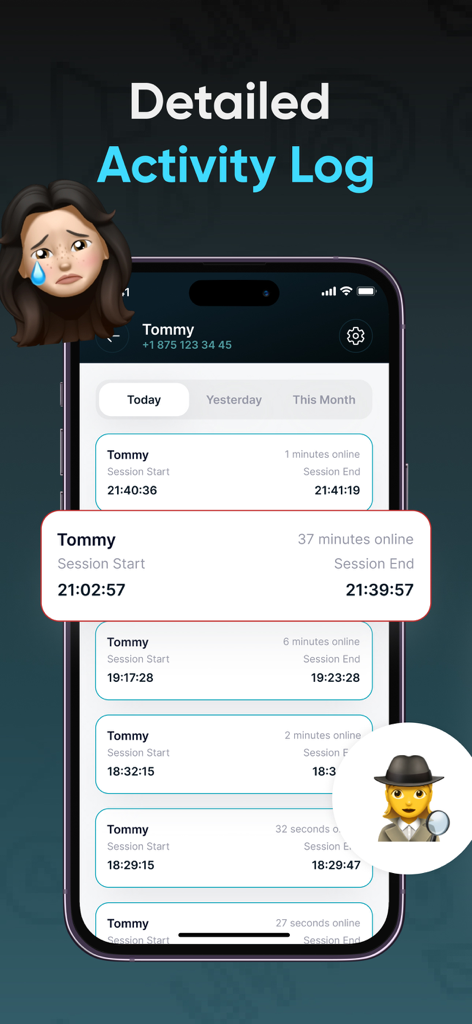 A mobile interface from SeenLog showing a detailed activity log with session timestamps and durations