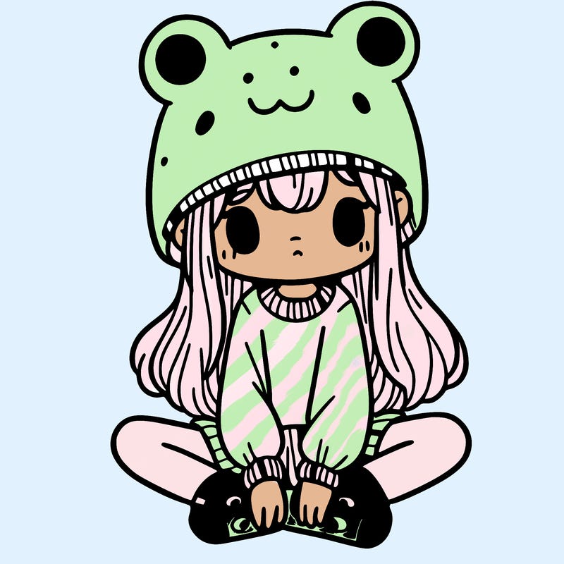 a girl wearing a frog hat and some frog socks