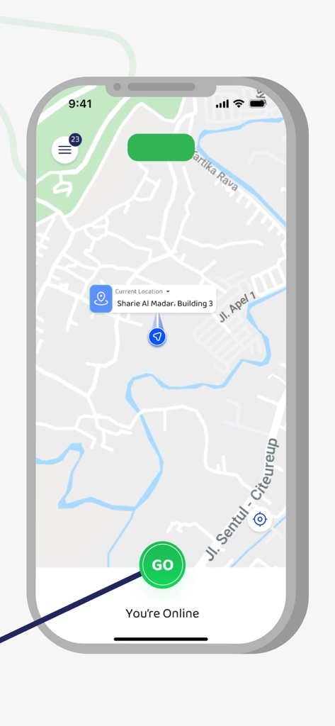 Interface of the Moeen driver app showing a map and online status