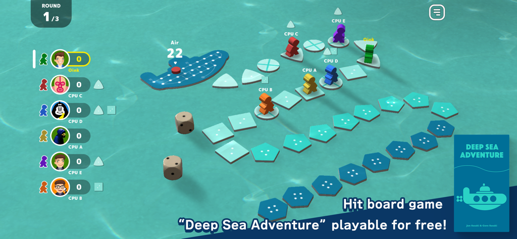 Let's Play! Oink Games - Gameplay screen of the digital board game Deep Sea Adventure showing player tokens on an underwater path.