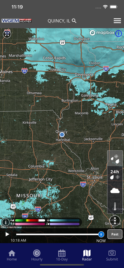 WGEM First Alert Weather App showing a high resolution radar map of Quincy Illinois and the Tri-State area