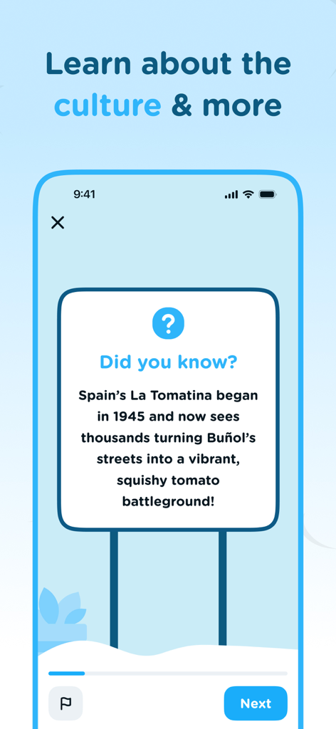 Airlearn app interface showing a cultural fact about the Spanish La Tomatina festival