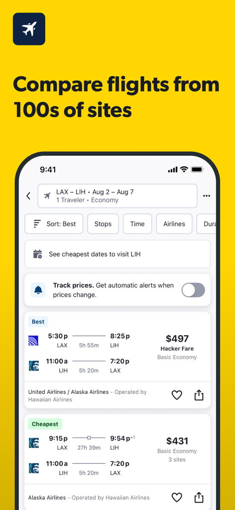 Cheapflights: Flights & Hotels - Cheapflights app interface showing flight search results with price comparison and tracking features