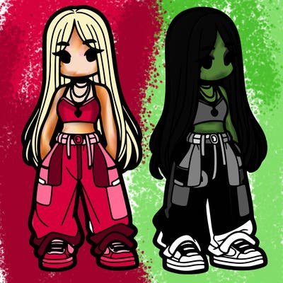 girl in baggy pants crop top and long hair