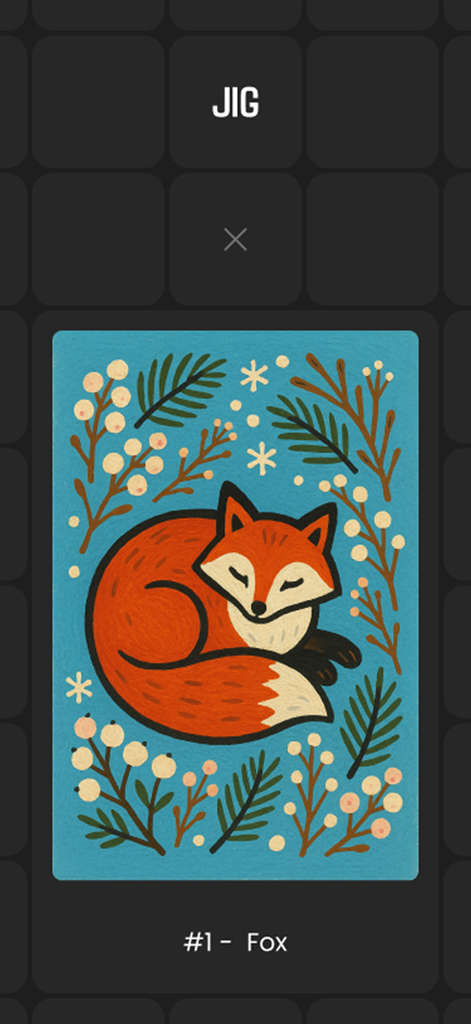 Minimalist handcrafted illustration of a sleeping fox in the JIG puzzle app interface