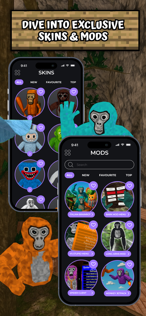 Gorilla Tag Hunting Maps, Mods - Interface of Gorilla Tag Hunting Maps and Mods app displaying various character skins and game mods on mobile screens