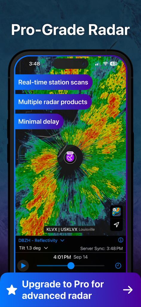 RainViewer: Live Weather Radar - RainViewerアプリ、リアルタイムステーションスキャンと反射率データを持つプログレード気象レーダーを表示