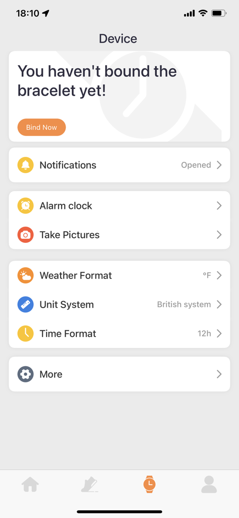 Pubu Wear app interface showing device settings including notifications, alarm clock, and weather format