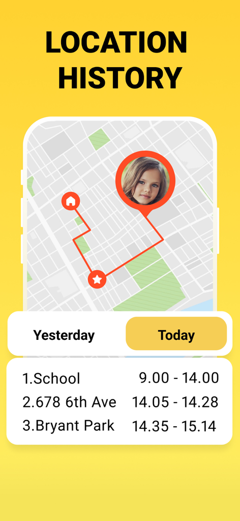Geopapa: GPS location tracker - Geopapa app screen showing a map with a child movement path and a list of locations visited with timestamps
