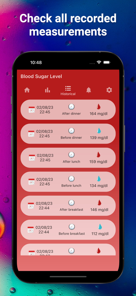 A list of daily blood sugar measurements showing dates times and glucose levels in mg per dl