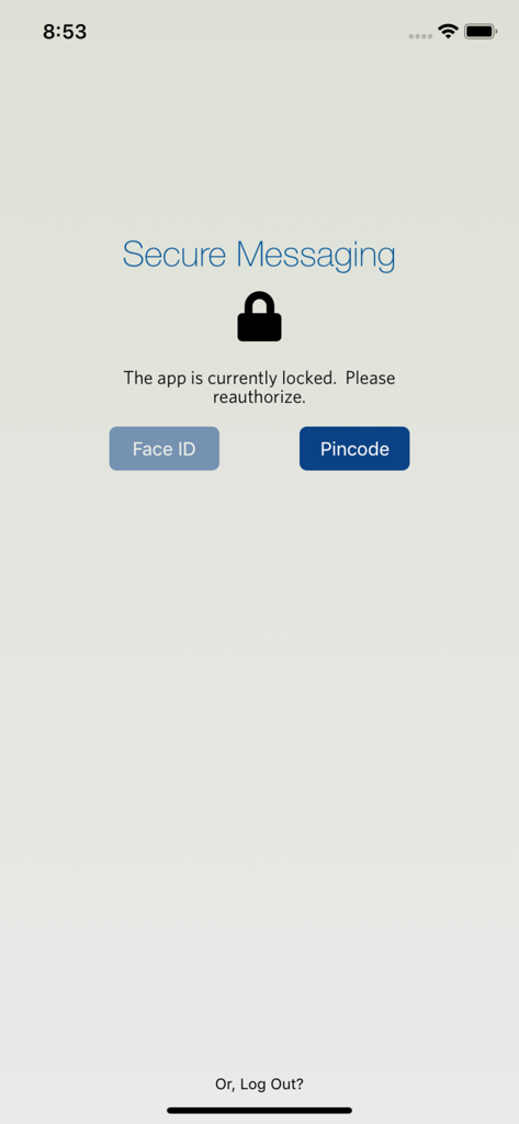 Authentifizierungsbildschirm von WellSky Secure Messaging mit Optionen zur Anmeldung per Face ID und Pincode