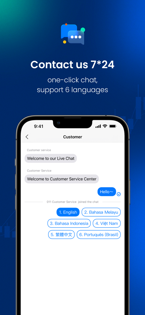 Smartphone screen displaying BtcDana 24/7 multilingual live chat support interface