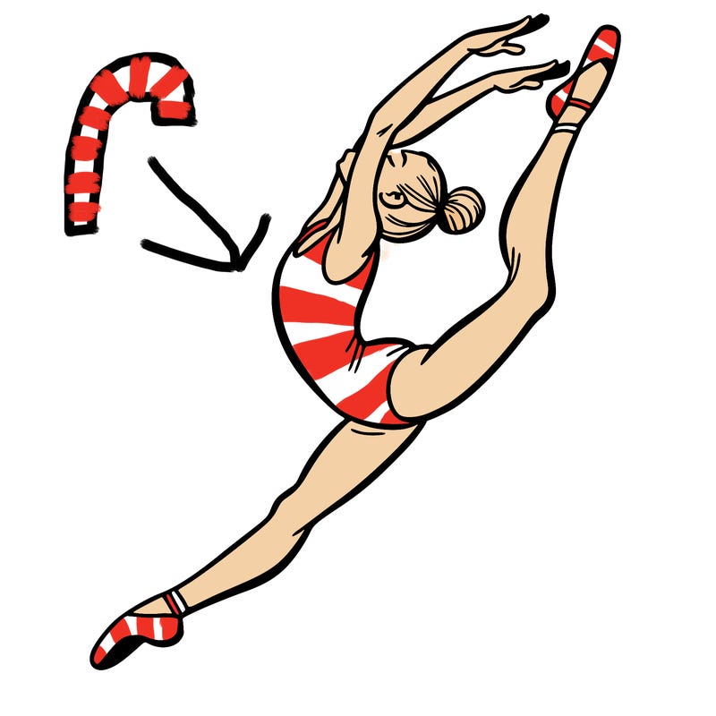 gymnast doing a leap in a leotard with a bent back leg