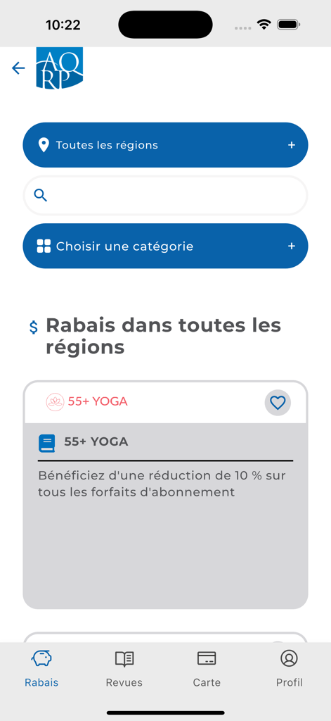Interface do aplicativo móvel AQRP mostrando filtros de pesquisa e descontos de assinatura de ioga para aposentados