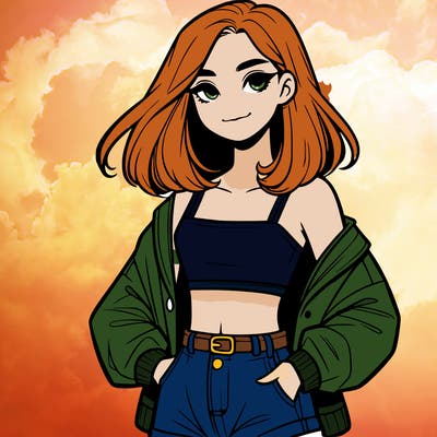 a realistic girl with a crop top and short shorts in an open jacket