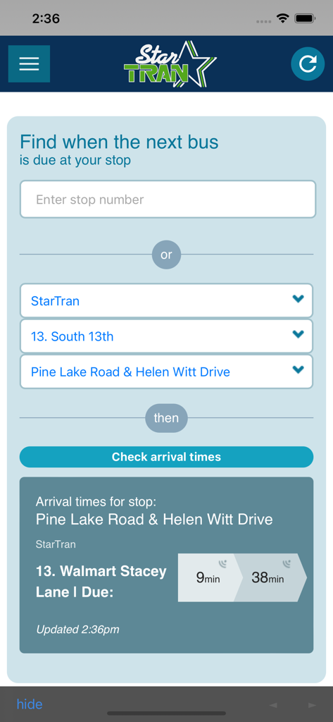 RideLNK - RideLNK app screen showing real-time bus arrival times for StarTran in Lincoln Nebraska