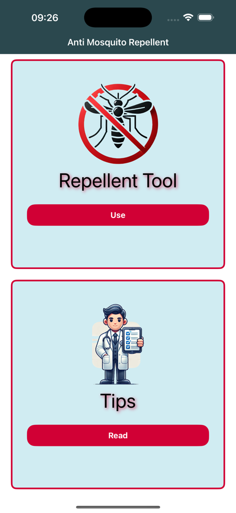 Anti Mosquito Repellent Sound - 蚊よけアプリのメイン画面。忌避ツールと専門家向けのヒントのオプションが表示されています。