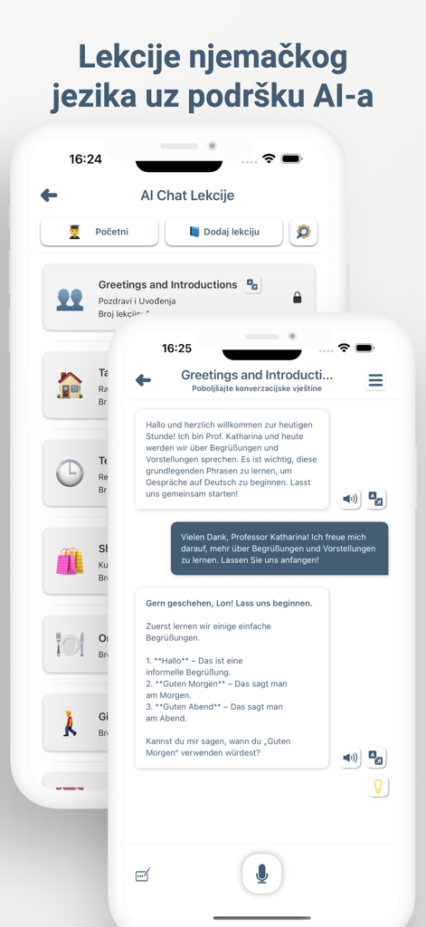 Naučite Bosanski Njemački - Interfaz de aplicación móvil que muestra lecciones de alemán impulsadas por IA y una conversación de chat con un tutor virtual para hablantes de bosnio.