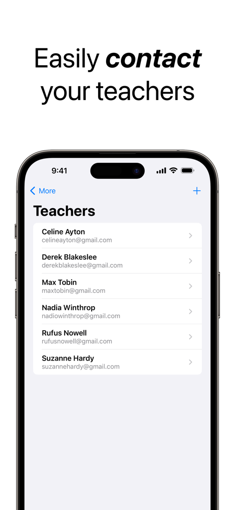 Smartphone-Bildschirm, der eine Kontaktliste von Lehrern mit Namen und E-Mail-Adressen in der Schooly-App anzeigt