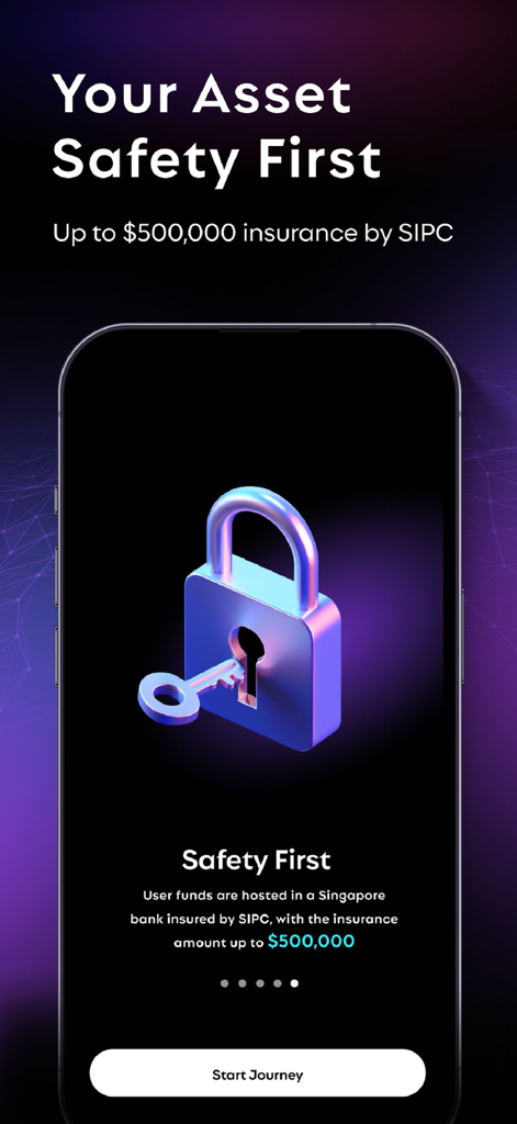 Interfaz de la aplicación RockFlow mostrando información de seguridad de activos y cobertura de seguro SIPC de $500,000 con un icono de candado 3D