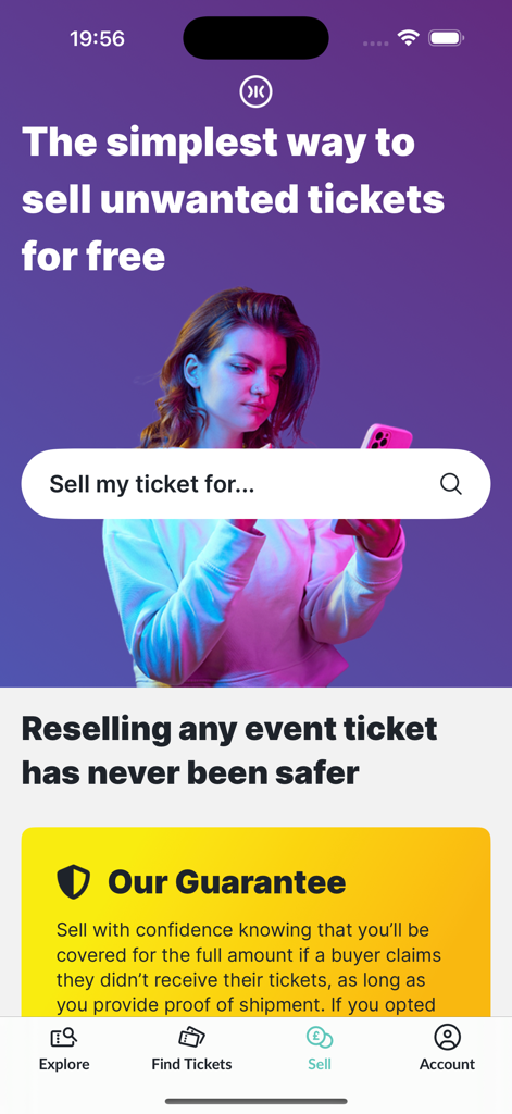 Twickets - Twickets 모바일 앱 인터페이스 스크린샷, 원치 않는 이벤트 티켓을 무료로 판매하며 안전과 팬 보호에 중점.