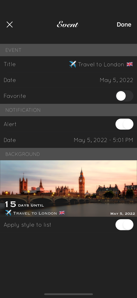 Big Days - Events Countdown - Interface of the Big Days app showing the setup for a countdown to a London trip with a photo background