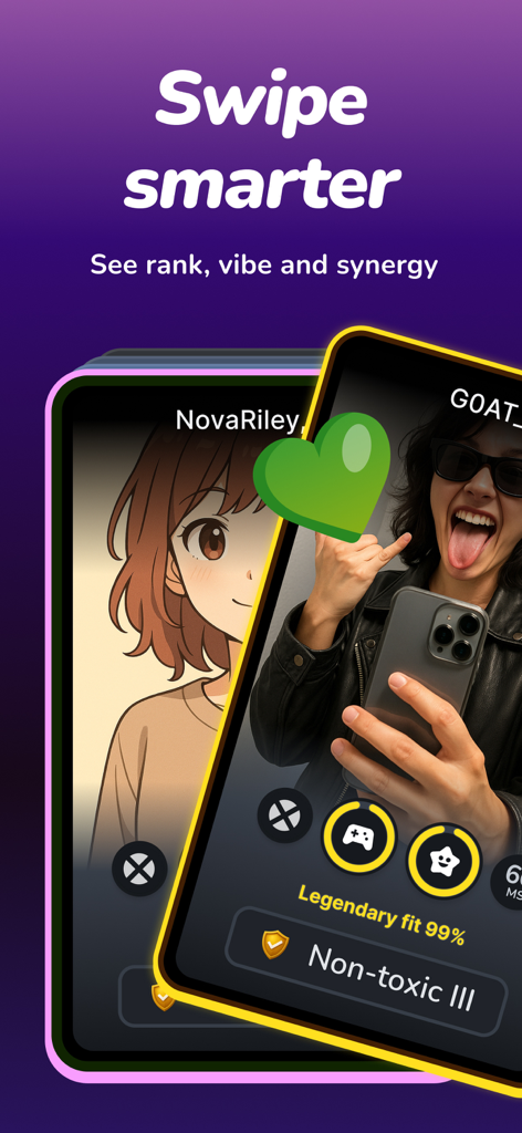 Gankster Duos - Mobile screen of Gankster Duos app showing gamer profiles with a high synergy percentage and non toxic badge