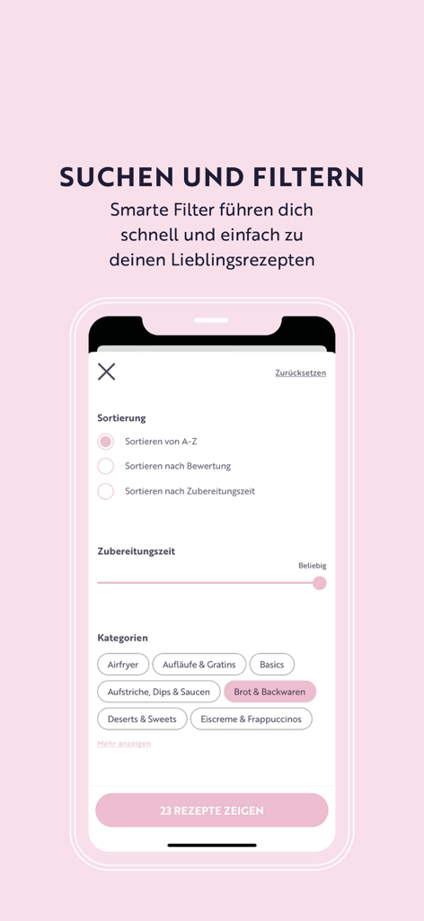 food with love: Rezepte - A search and filter screen in the food with love recipe app showing sorting options preparation time and various categories