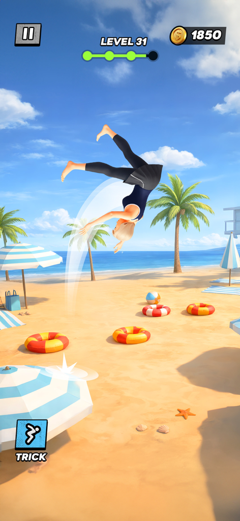 Backflip Mania - A female character performing a backflip on a sunny beach in Backflip Mania mobile game.