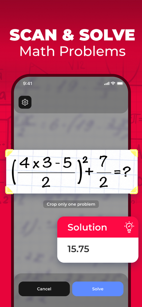 Photo Math app interface scanning a handwritten algebra problem and displaying the correct solution